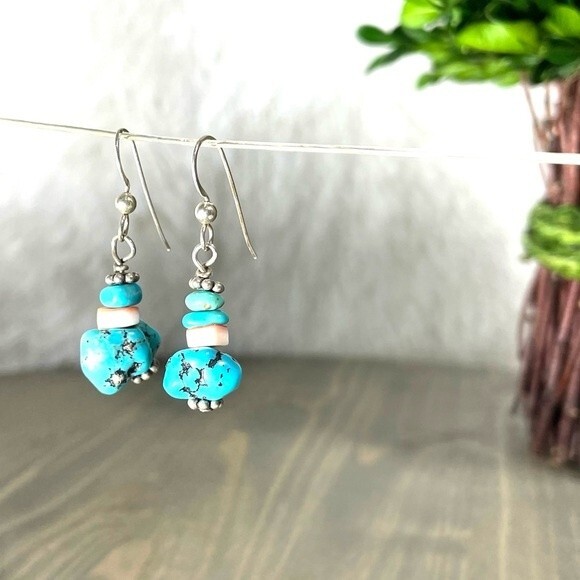 Boho Raw Stacked Turquoise Drop Earrings - Picture 1 of 8